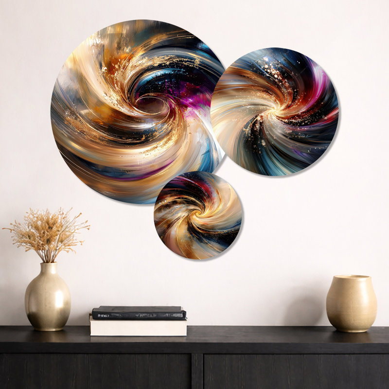 Abstrait spirales dans des tons d'or et de pourpre I - impression géométrique murale en métal 3 pièces