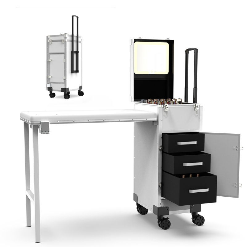 Table de manucure roulante portable avec tringle, tiroirs, miroir et organisateur de vernis à ongles, trousse de maquillage verrouillable avec bureau à clous pliable