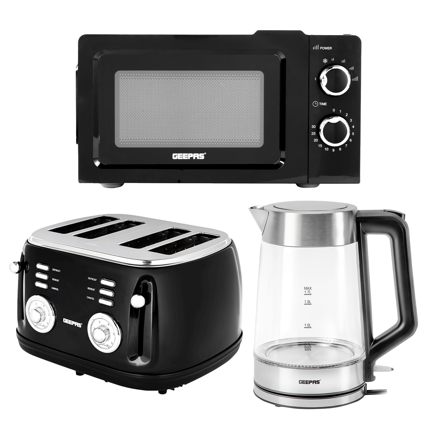 Geepas Electric Kettle, Slice Toaster 20L Microwave Set