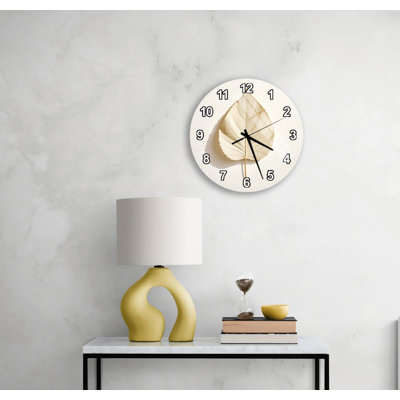 Tempered Glass Wall Clock with Leaf Design, Modern Minimalist Botanical Home Decor, Large Beige Circular Timepiece for Kitchen or Office