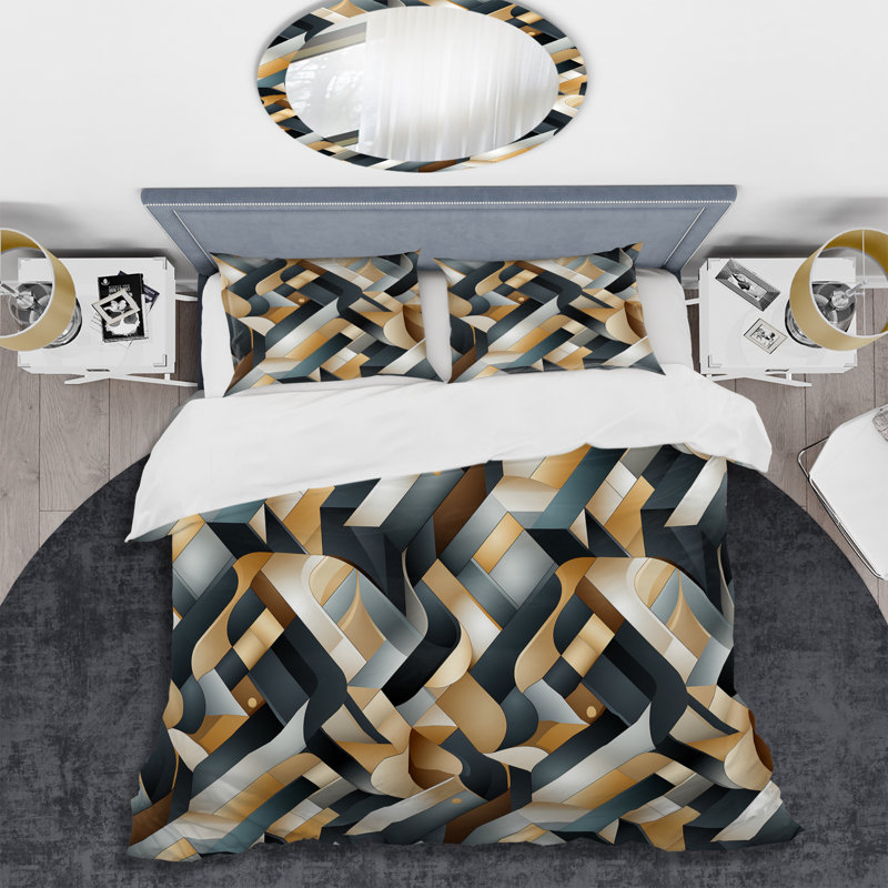 Ensemble de housse de couette en microfibre doré et gris, Housse de couette pour grand lit et 2 taies décor