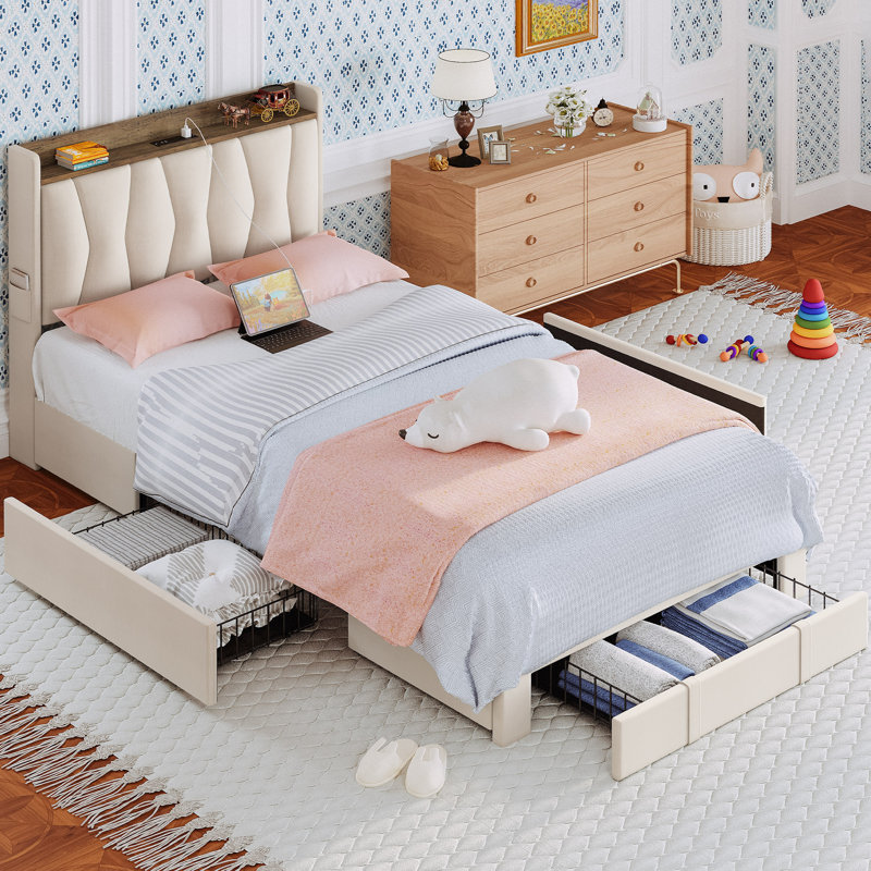 Upholstered Bed Frame with 3 Drawers, Bed with Storage Headboard and Charging Station, Twin, Beige