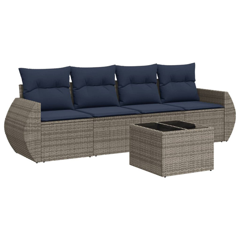 Ensemble de canapé de patio 5 pièces avec coussins en rotin de polyester, Gris, Marine