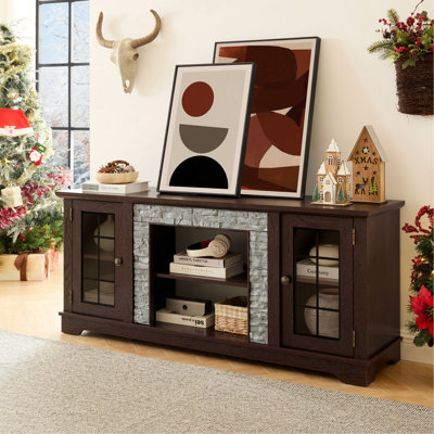 58" Modern TV Stand with 2-Door Storage, Faux Stone Media Console Cabinet