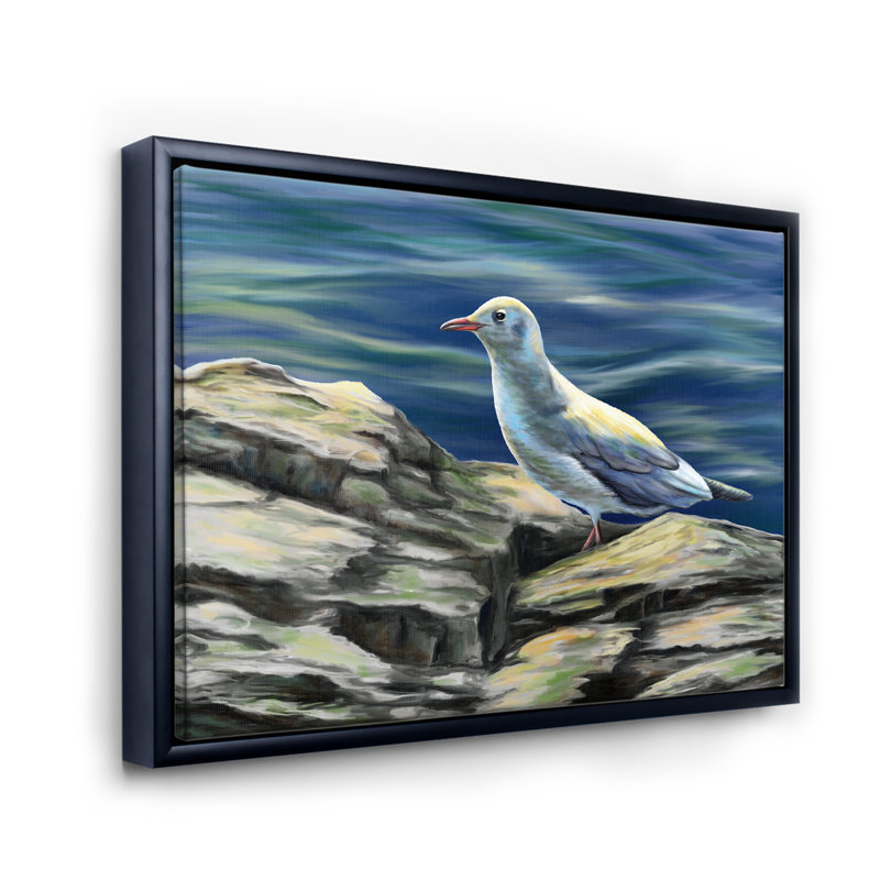 Oiseaux mouettes au bord de la mer - Peinture sur toile, H 16 po x l 32 po x p 1 po, Cadre noir