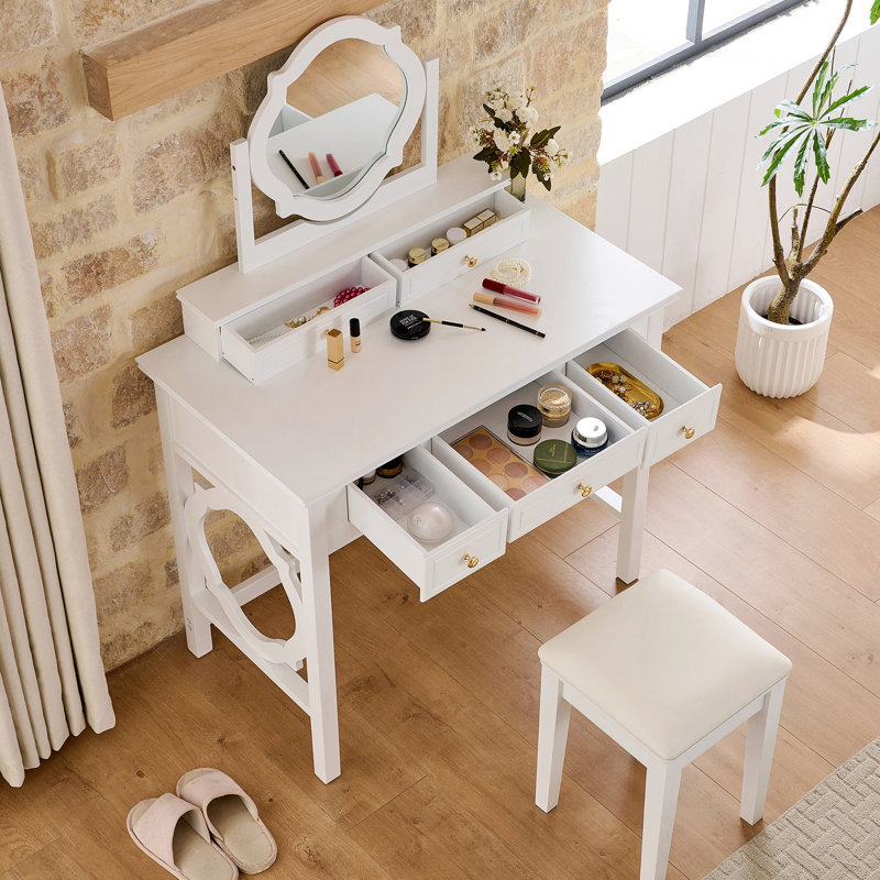 Coiffeuse compacte avec miroir réversible, coiffeuse avec tabouret, coiffeuse compacte pour petits espaces, blanc