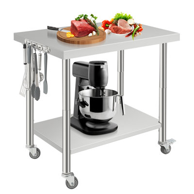 Stainless Steel Work Table for Brewing, Heavy Duty Double-Layer Prep Table with Undershelf, 4 Wheels, Hooks, No Back Plate, Straight Edge - 36*24*35inch, With Casters, Without Back Plate