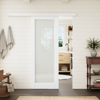 Porte vitrée pleine hauteur blanche de 71 x 203 cm (28 x 80 po) avec système de rail dissimulé, idéale pour un garde-manger ou une chambre.