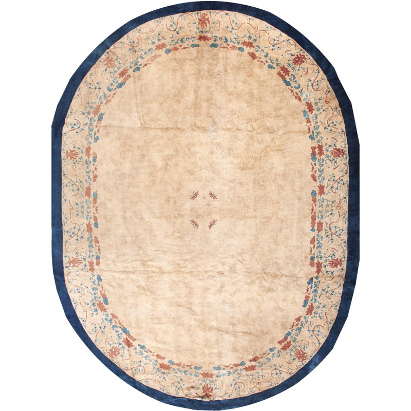 Wool 1930s Chinese Knotted Room Size Antique - Peking Oval Ivory Rug