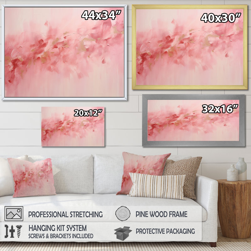 Art mural abstrait doré et rose rivière II - Fuschia, Cadre flottant doré, H 16 po x l 32 po x P 1 po