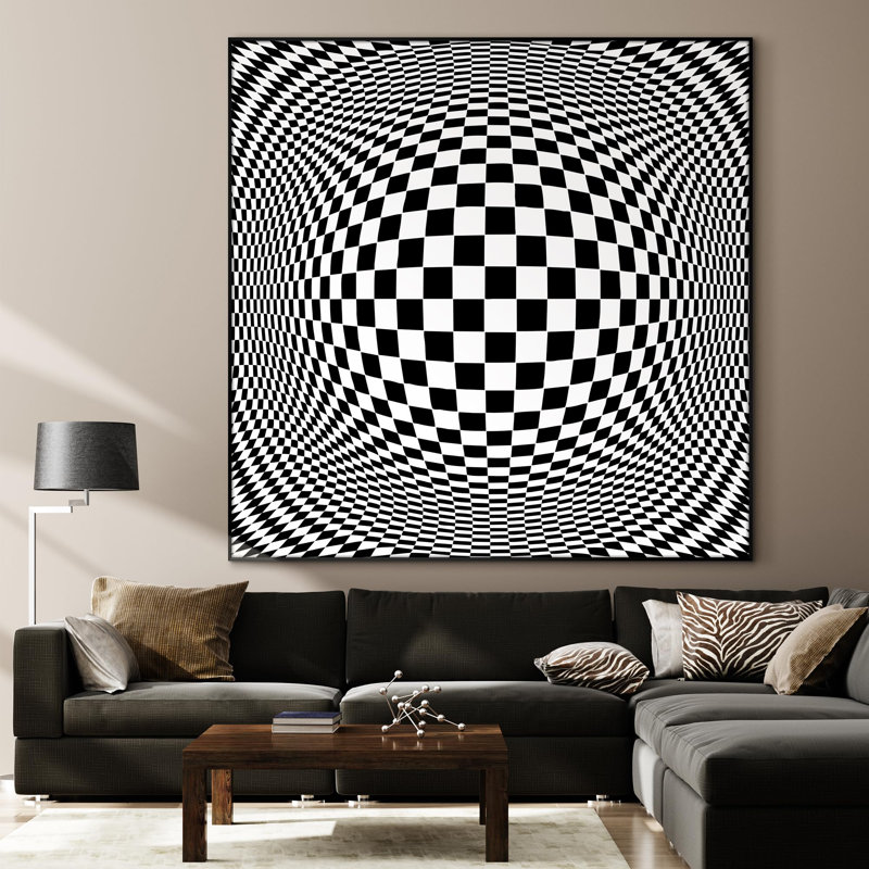 Reproduction d'art mural encadré noir et blanc à carreaux illusion optique déformée (assemblage de cadre requis)