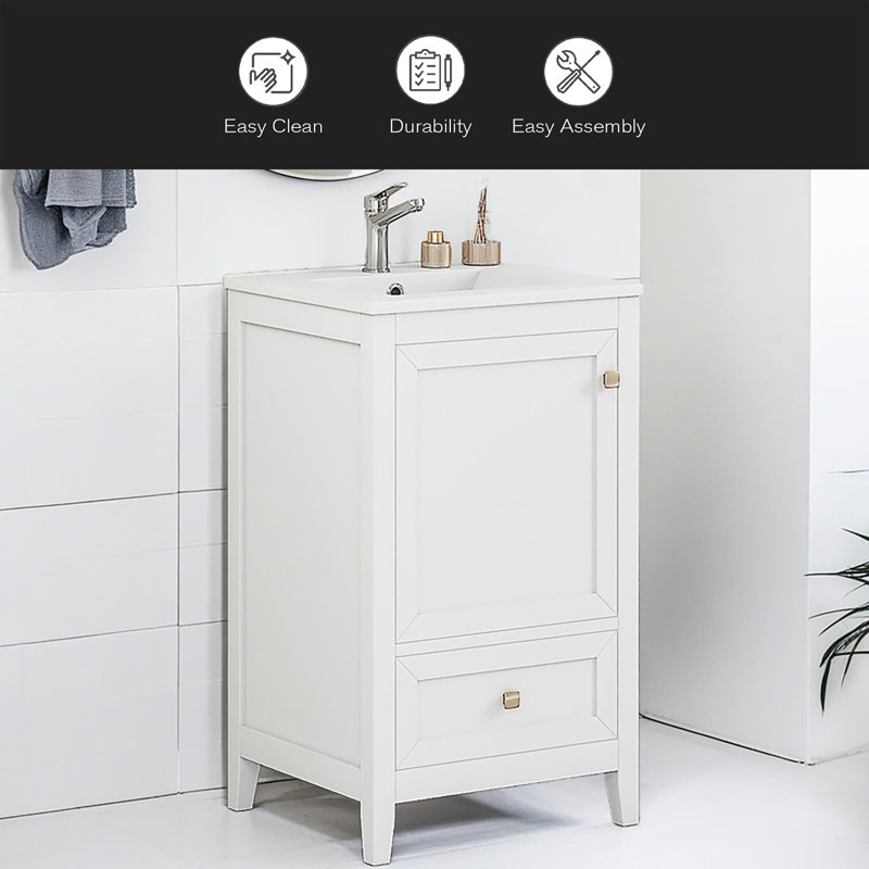 Meuble-lavabo de 20 po avec lavabo, armoire de salle de bain avec porte à fermeture douce, support de rangement et tiroir, blanc
