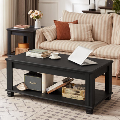 Farmhouse Coffee Tables for Living Room,Square Tea Table with Open Storage Shelf,Large Coffee Table,Rustic Wooden Centre Table (Black)