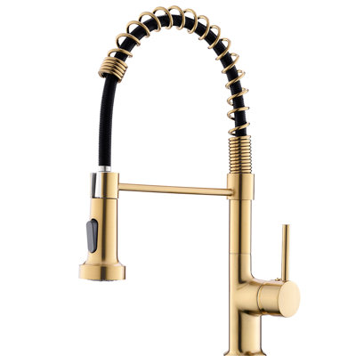 Robinet de cuisine contemporain doré avec segment rétractable, levier à poignée simple, rotation sur 360 °, bec arqué haut, robinet en céramique, unité commerciale en laiton