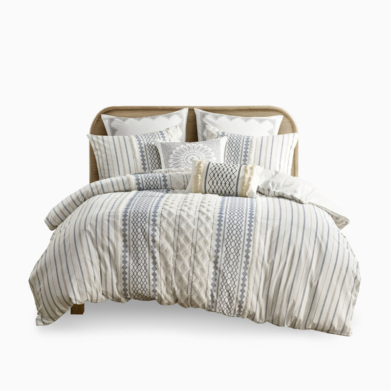 Ensemble de housse de couette en coton double / grand avec chenille, Bleu, Housse de couette grand / double + 2 taies décora
