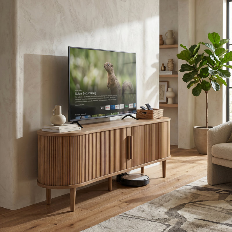 Modern TV Stand, 63In Fluted TV Stand Modern Media Console Table Entertainment Center With Sliding Door And Solid Wood Legs For Living Room Bedroom Office