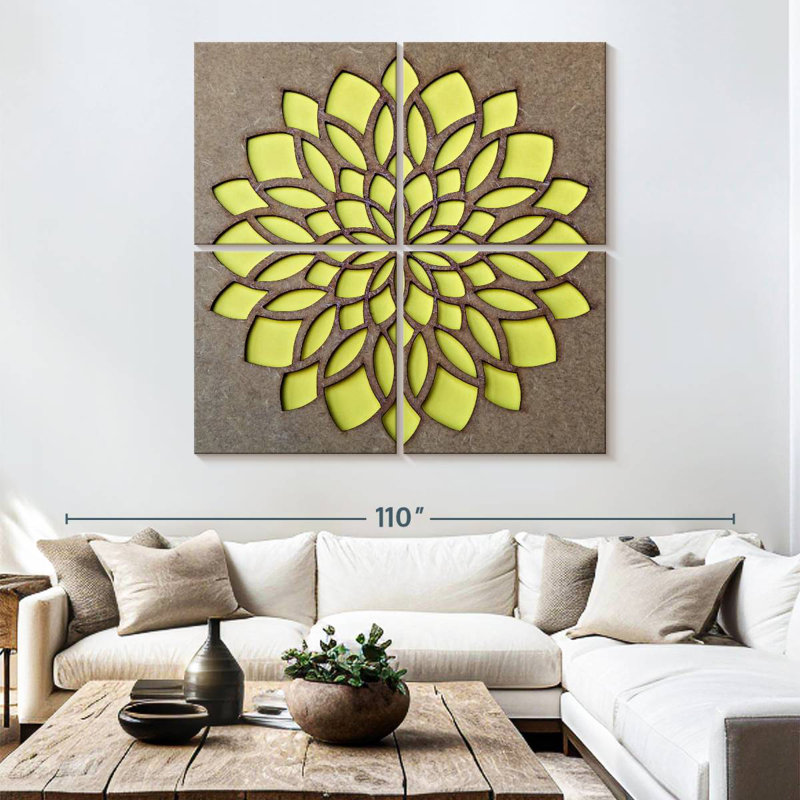 Jaune, motif mandala, H 74 po x l 74 po