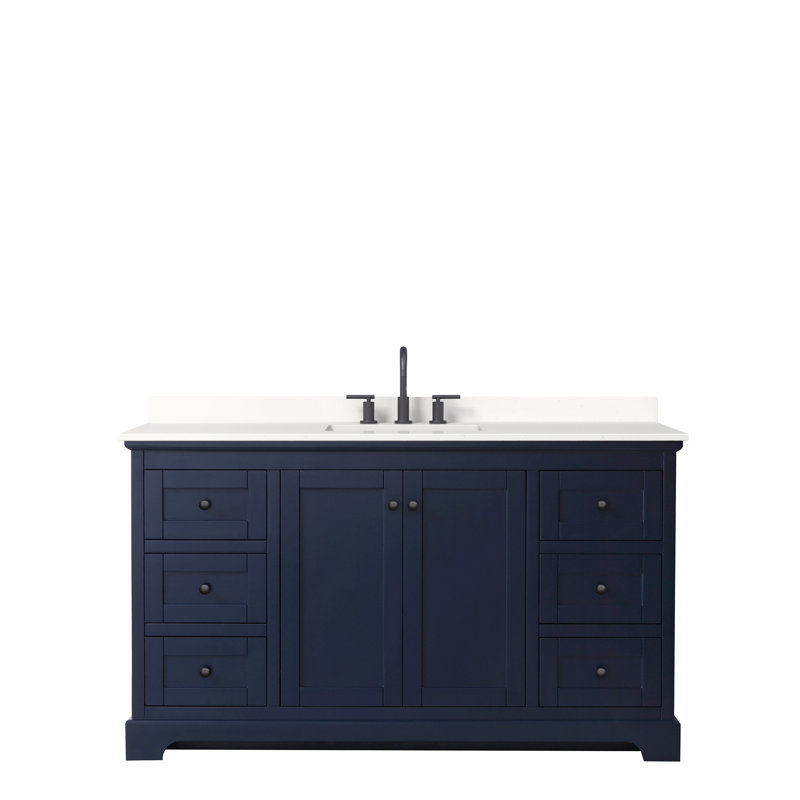 Avery Single Bathroom Vanity with Top, Dark Blue, White Quartz, Matte Black