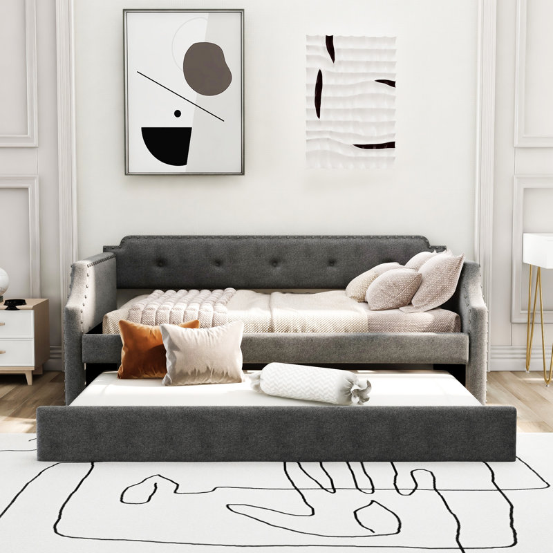 Upholstered Daybed With Trundle, Gray