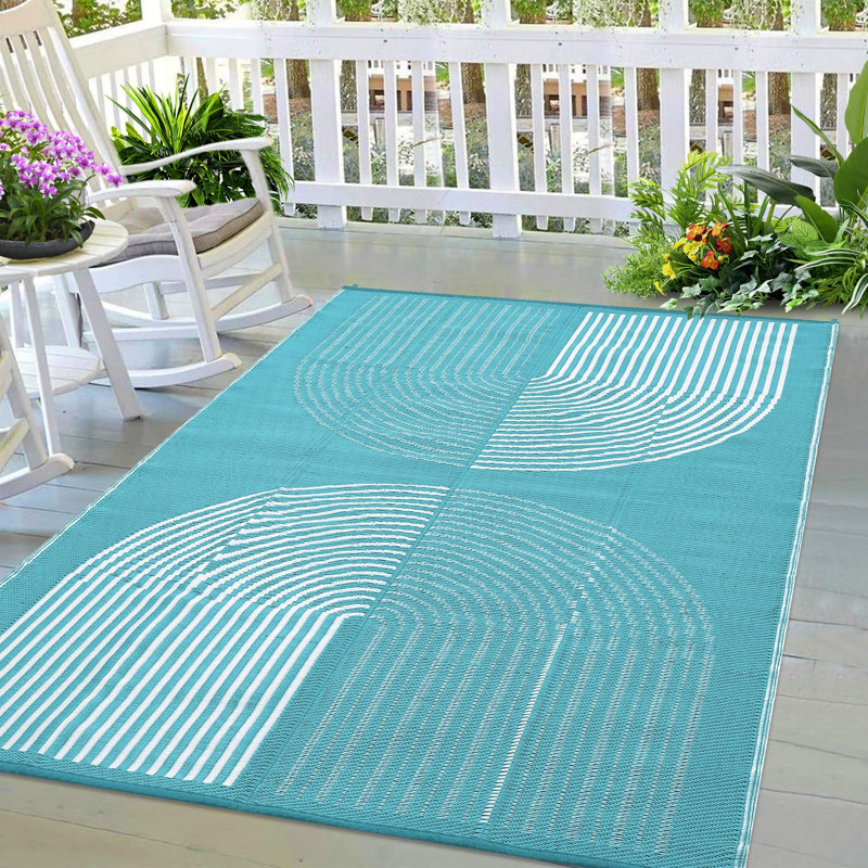 Outdoor Rug 6x9 ft Waterproof Plastic Straw Rug for Patio UV Resistant Reversible Floor Carpet Outside Portable RV Camping Pat for Balcony Porch Backyard Light Blue White