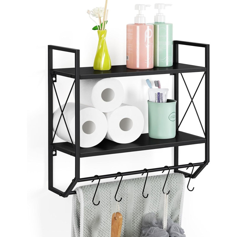 Étagère de salle de bain à 2 niveaux avec crochets, support de rangement mural en métal pour articles de toilette, serviettes, papier hygiénique, installation facile, noir