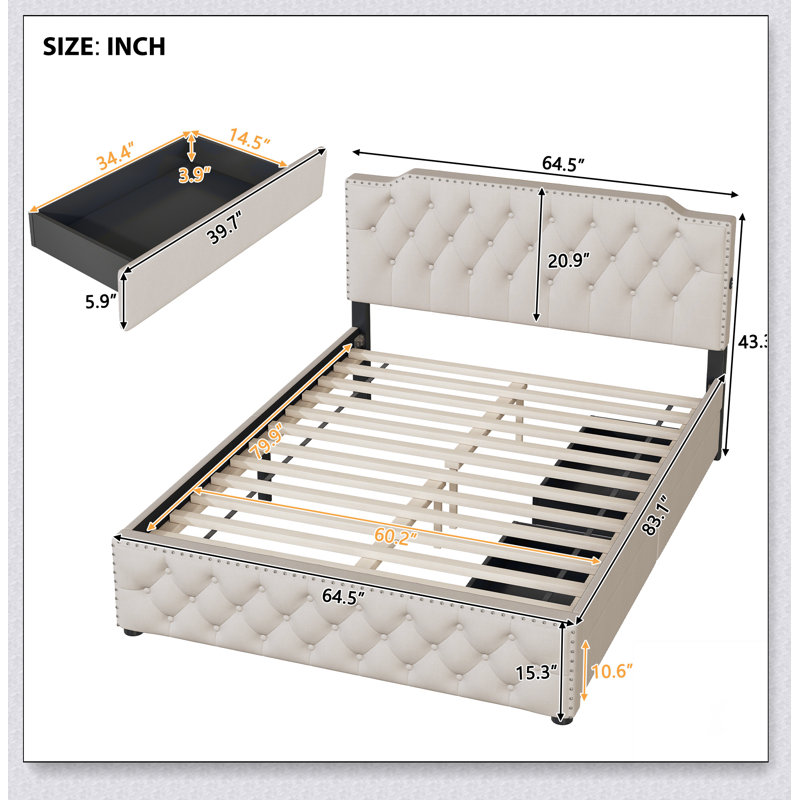 Lit plateforme tapissier avec lit gigogne et 2 ensembles de ports USB de chaque côté, Beige