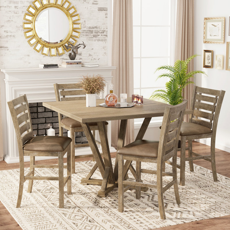 5Pcs Set Counter Table Set Square Counter Table Solid Wood Modern Farmhouse