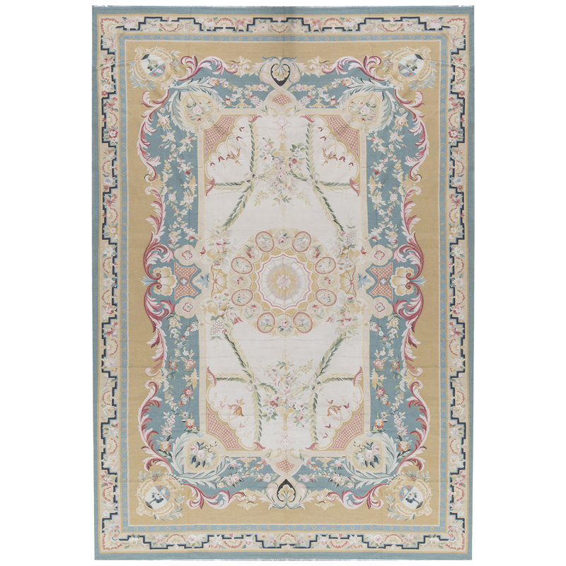 Hand-Knotted High-Quality Ivory and Gold Area Rug