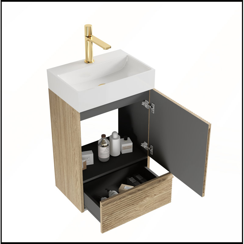 Meuble-lavabo rayé en chêne clair Gada avec lavabo en céramique blanche 20 po pour salle de bain moderne, Chêne clair