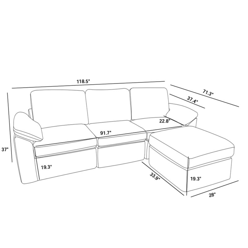Canapé modulaire rembourré de 118,5 po de largeur avec repose-pieds, Polyester blanc