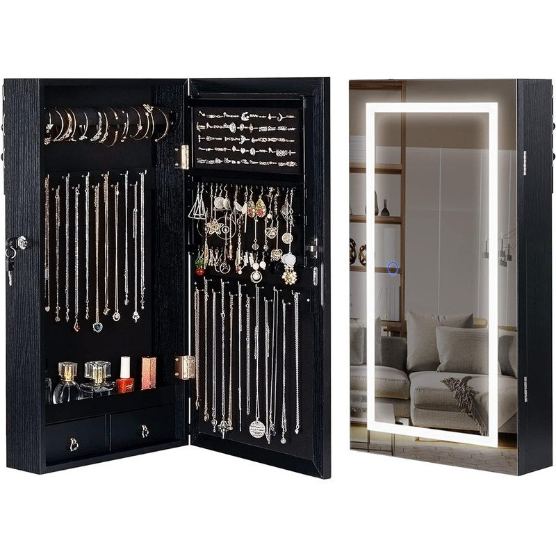 Jewellery Armoire with LED Lighted Mirror, Frameless Mirror with 3 Colour Lights, Hanging Organizer with 2 Drawers, Black