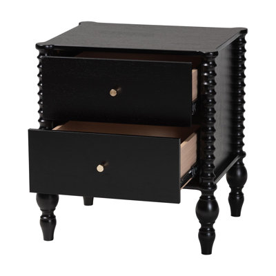 Baxton Studio Rockwell Spindle Nightstand - 2-Drawer Farmhouse Bedside Table with Turned Accents for Bedroom, Black