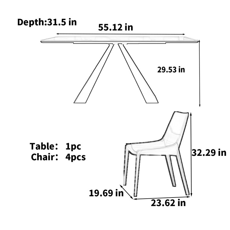 Table de salle à manger italienne de luxe moderne, H 29,53 po x L 55,12 po x l 31,5 po