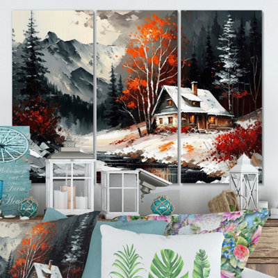 Monochère orange chalet en hiver V - ensemble d'art mural sur toile paysage