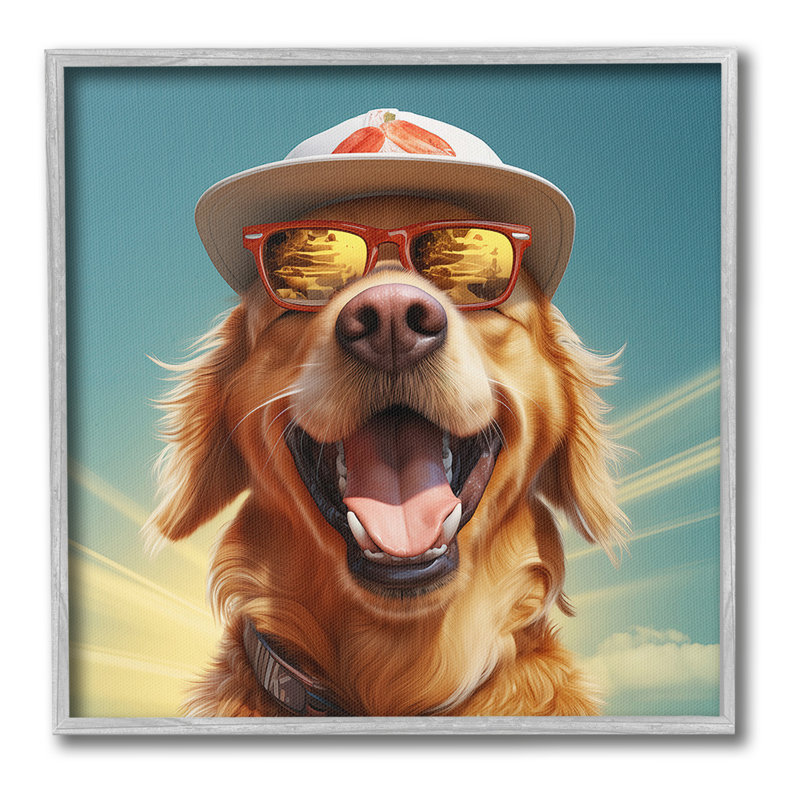 «Happy Sunlit Dog», art de la giclée encadrée par Jim Baldwin, Giclée encadrée blanc bord de mer, H 12 po x l 12 po