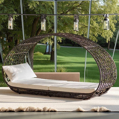 Lit de jour pour auvent de patio pour le jardin - siège pour 2 personnes, osier brun multi + coussin imperméable beige, structure résistante aux intempéries