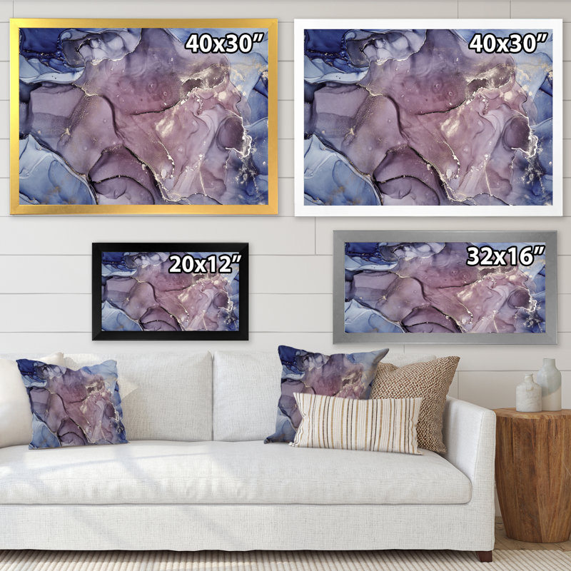 Gris et mauve, encre de marbre, impression sur toile murale moderne, H 34 po x l 44 po x P 1,5 po, Cadre doré