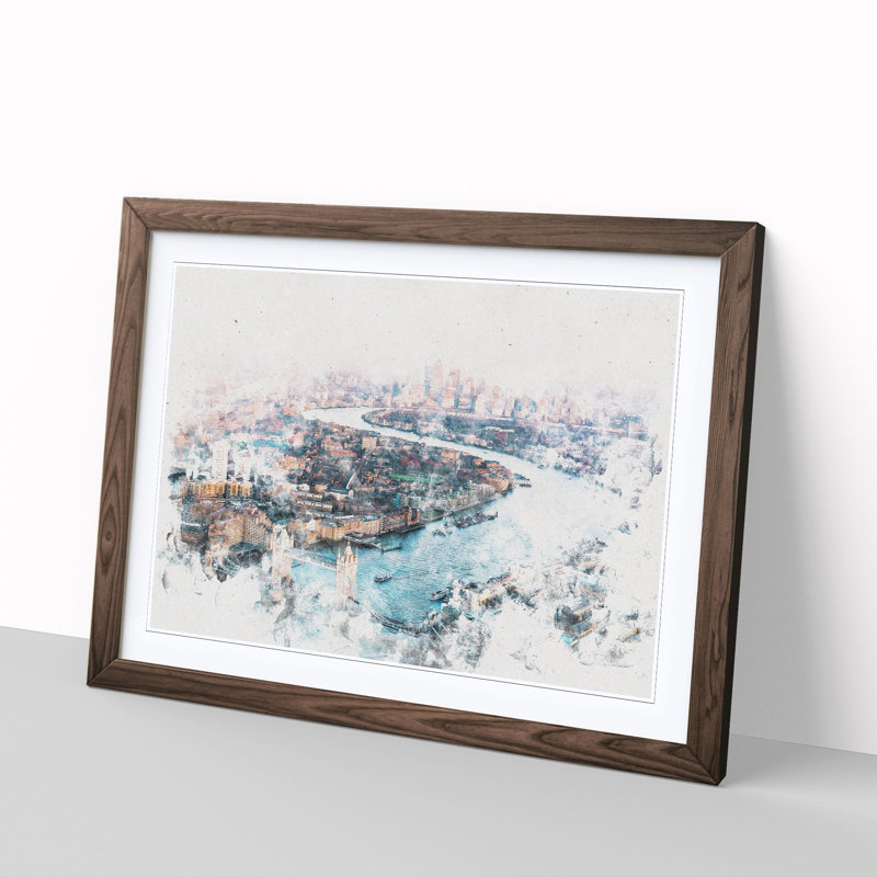 River Thames and London Skyline - Picture Frame Painting Print, Walnut Framed, 33cm H x 45cm W x 2cm D