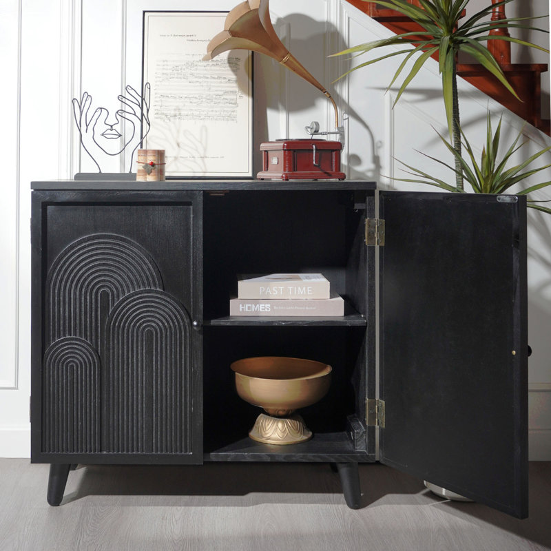 Modern Black Wood Storage Cabinet, 31In Accent Cabinet With Embossed Door For Living Room, Bedroom, Or Entryway