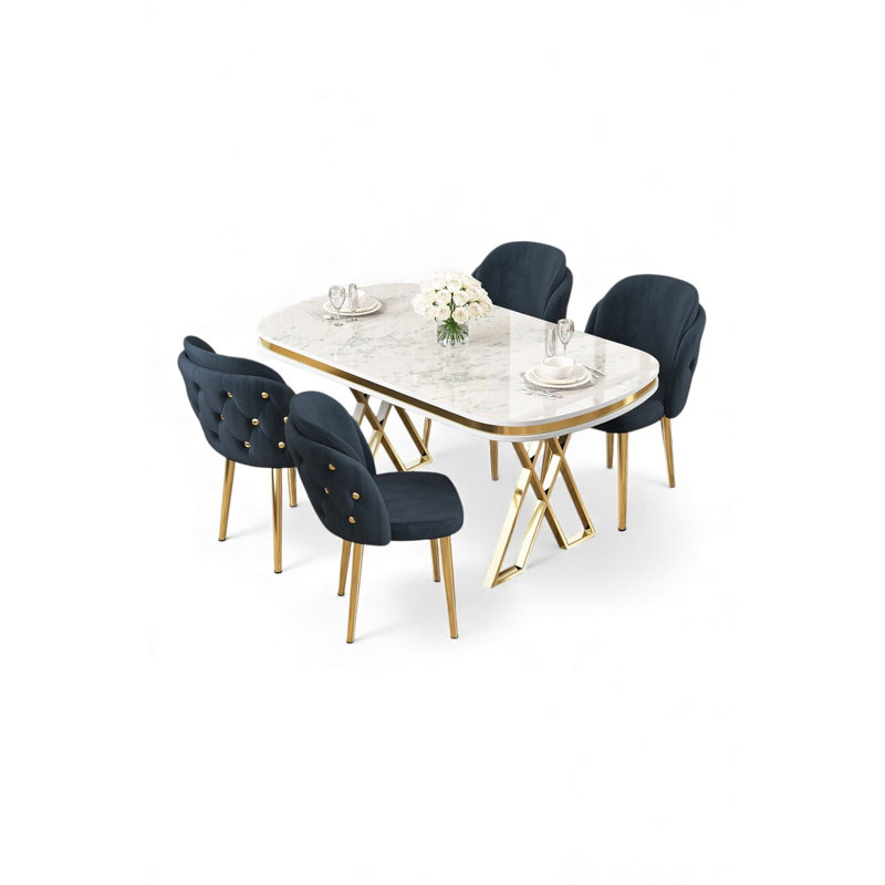 Ensemble de table et chaises de salle à manger (5 pièces), Marbre blanc /Or, Ensemble de cinq pièces : table, quatre chaises