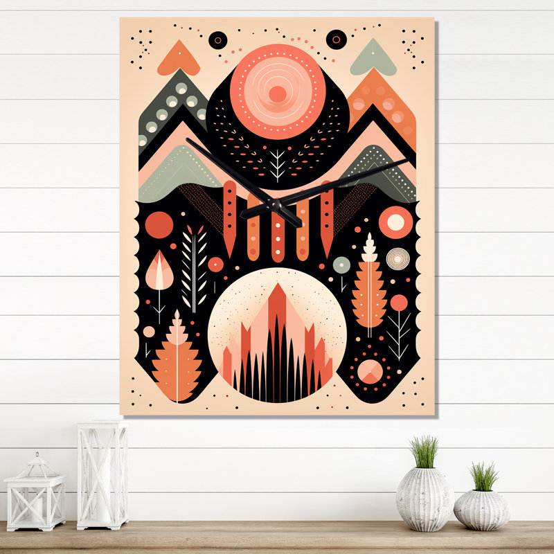 Horloge murale bohémienne à motif géométrique tribal rétro rose I - moderne, H 32 po x l 16 po x P 1 po
