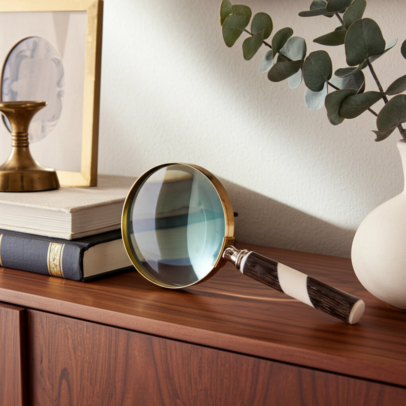 Kingscanyon Decorative Brass and Wood Magnifying Glass with Handcrafted Handle - Vintage-Inspired Home Accent, Ivory/Beige