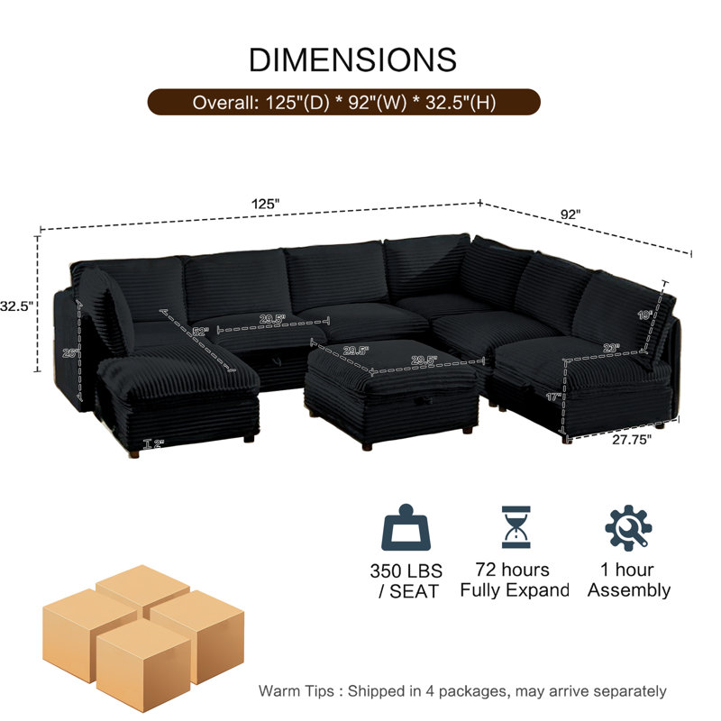 Canapé modulaire à 5 places avec rangement caché et 3 repose-pieds, Velours côtelé noir