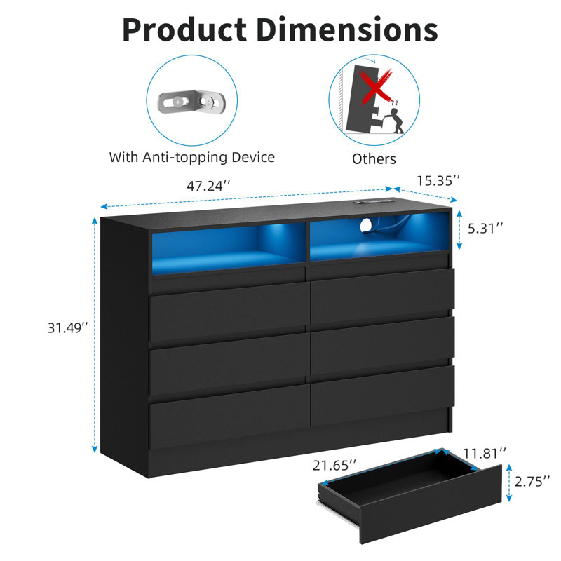 6 Drawer Dresser with USB Charging Station, Power Outlet - Modern Storage Cabinet for Bedroom, Living Room, Entryway, Black
