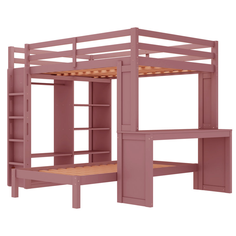 Queen Over Twin Wood Bunk Bed, Pink