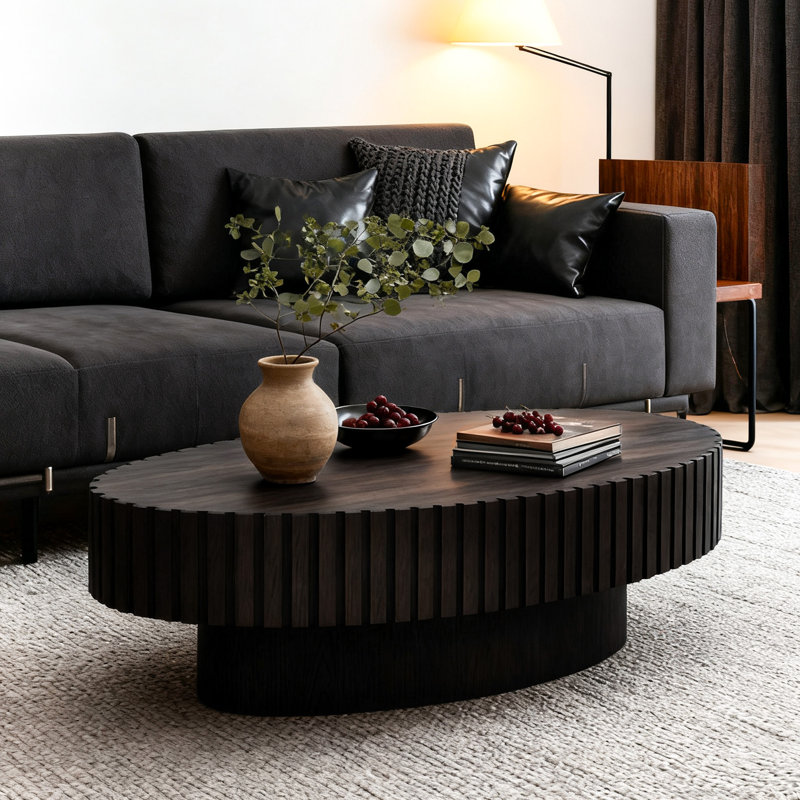 43.5'' Modern Oval Wooden Olive-shaped Coffee Table With Solid Wood Fluted Design For Living Room, Walnut/Black
