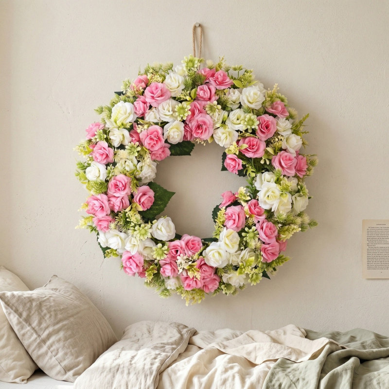 Couronne de pivoines blanches et roses 18 pouces pour porte d'entrée, White/Pink