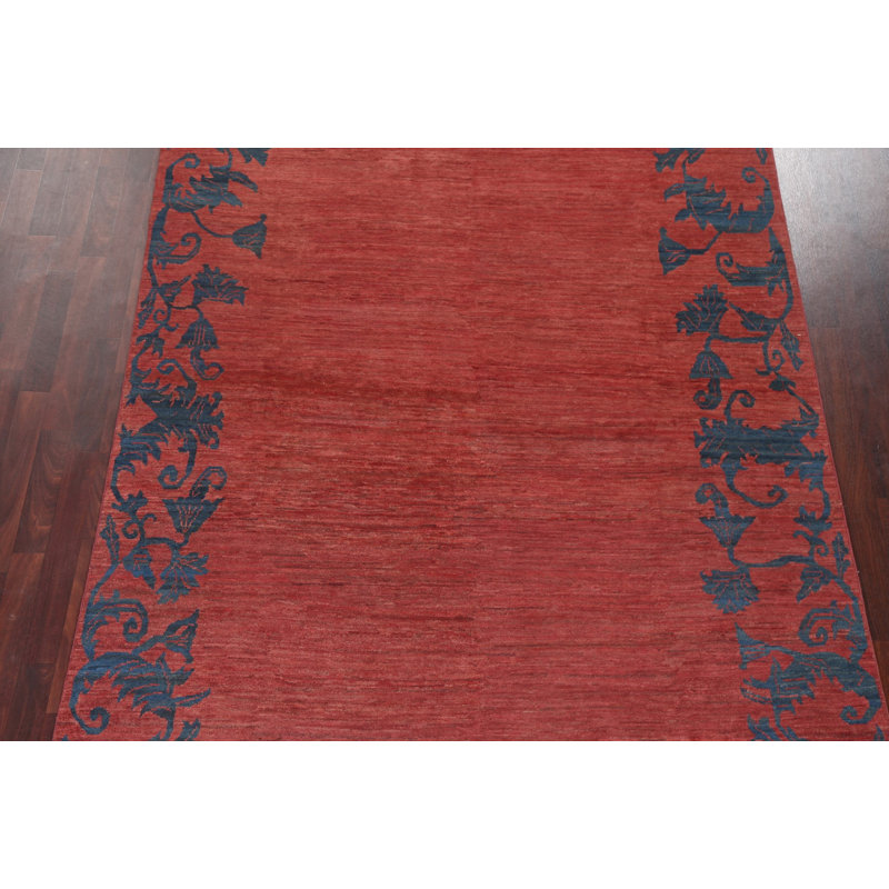 Tapis rouge / bleu noué à la main de conception unique 6 pi 7 po x 9 pi 7 po New Age