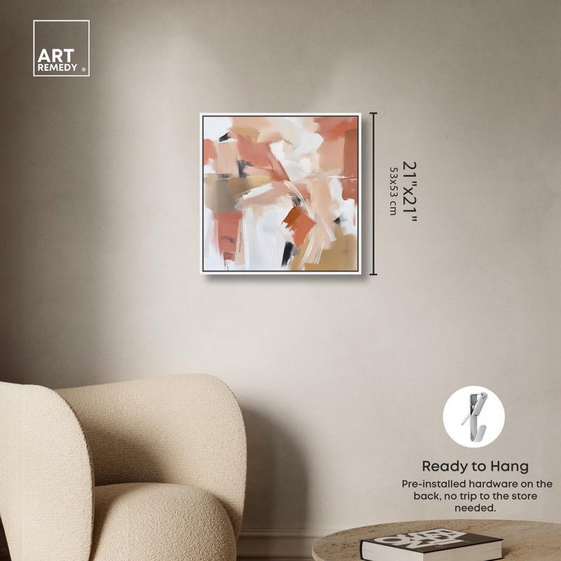 «Rose and Rust I», toile rustique abstraite par Art Remedy, H 21 po x l 21 po, Cadre flottant blanc
