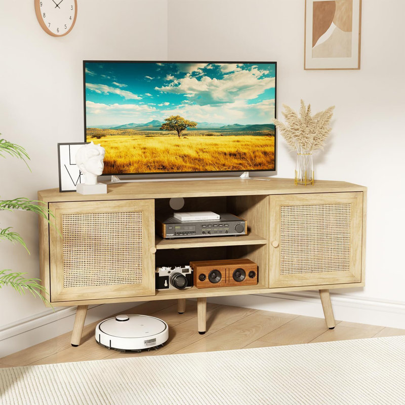 Meuble télé d'angle 55 po avec portes en rotin et rangement